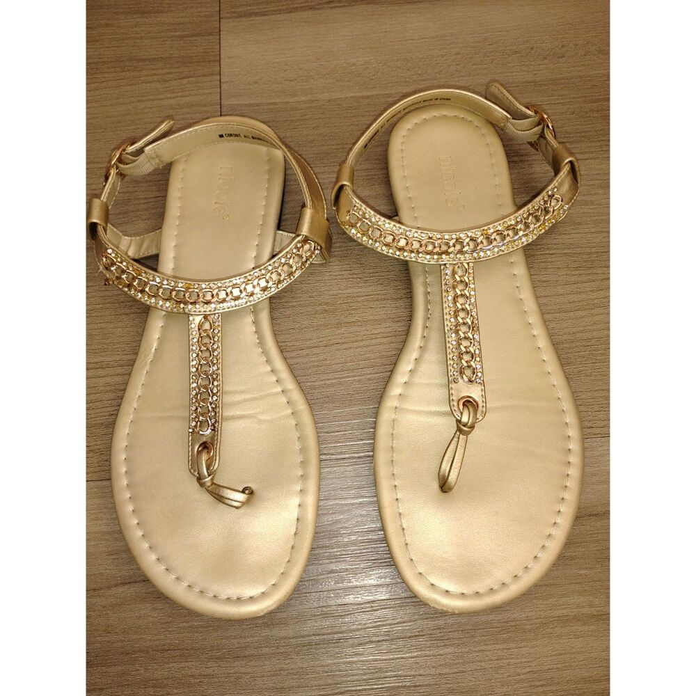 Nicole Gold Rhinestone Chain T-Strap Flat Sandals Women’s Size 8